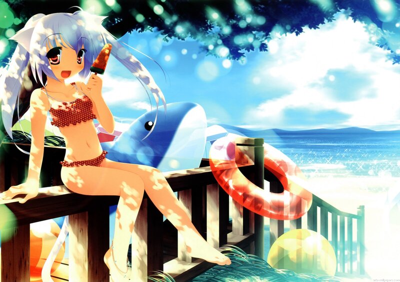 Anime girl with ice cream at beach