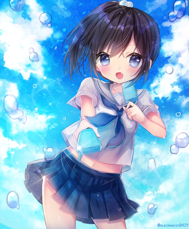 Anime Girl with Ice Cream — Blue, Playful, Digital Art