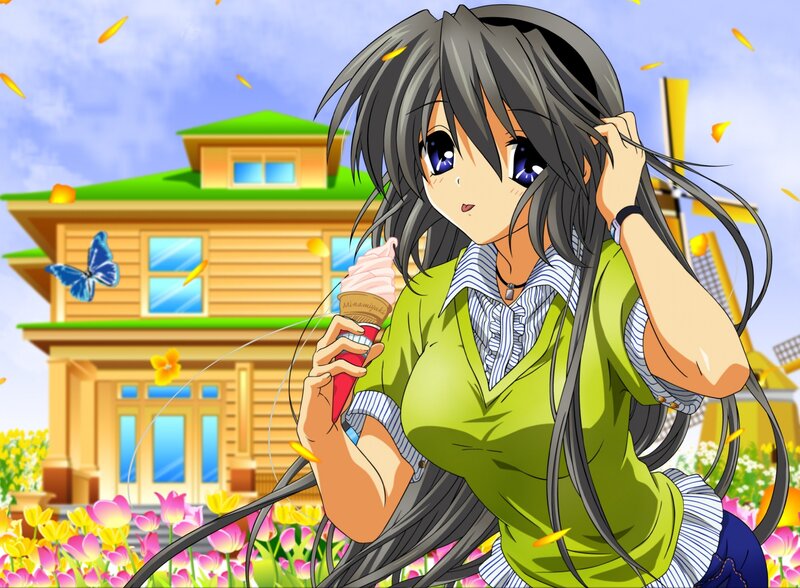 Anime Girl with Ice Cream — Green, Cheerful, Summer, Ice Cream