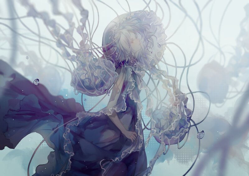 Anime Girl with Jellyfish — Blue, Serene, Digital Art