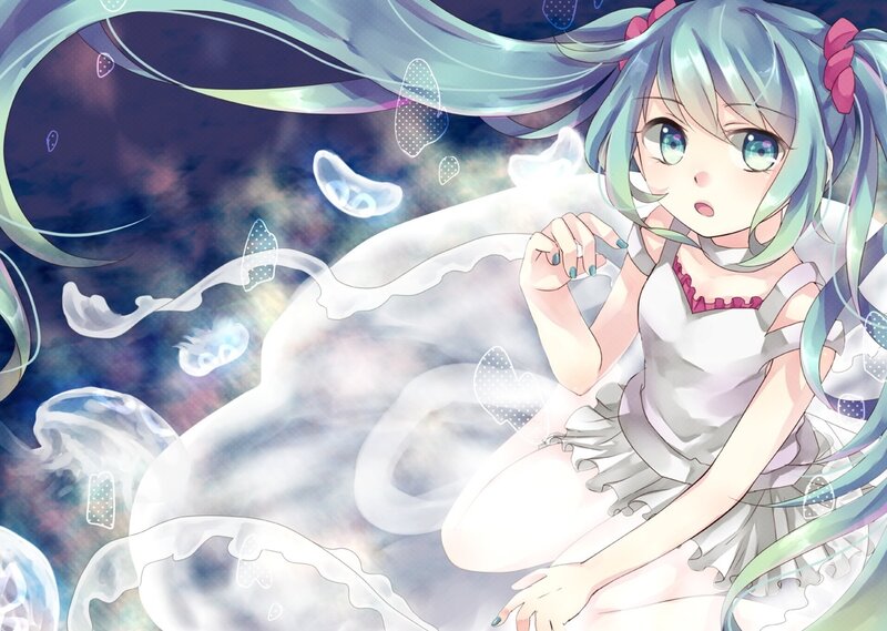 Anime Girl with Jellyfish — Blue, Serene, Night, Digital Art