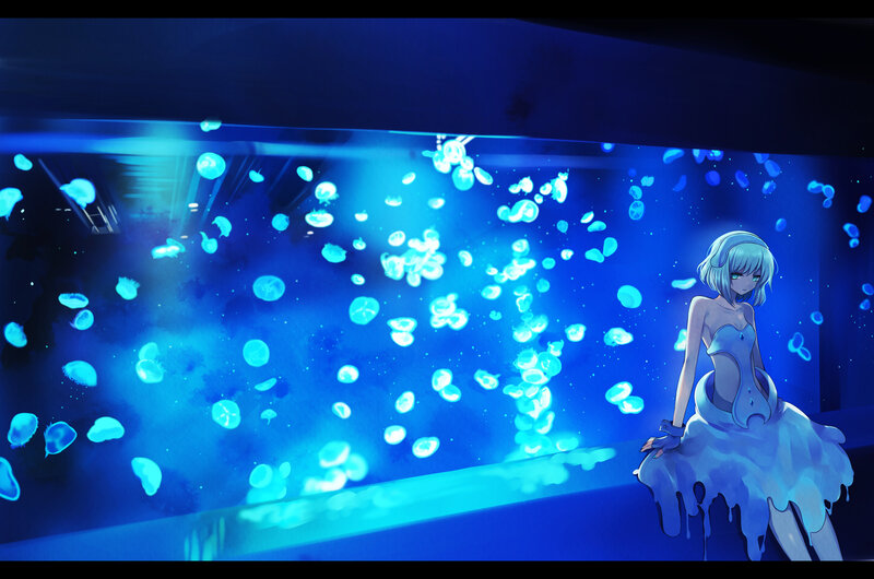 Anime Girl with Jellyfish — Blue, Serene