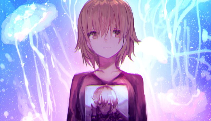 Anime Girl with Jellyfish — Purple, Serene, Digital Art