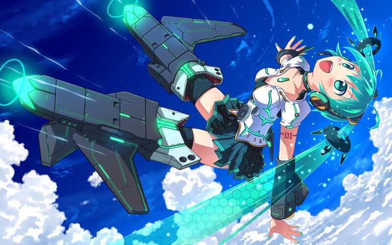 anime girl with jetpack in sky