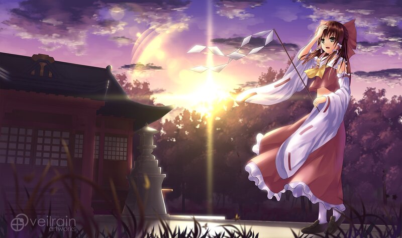 Anime girl with kite at sunset
