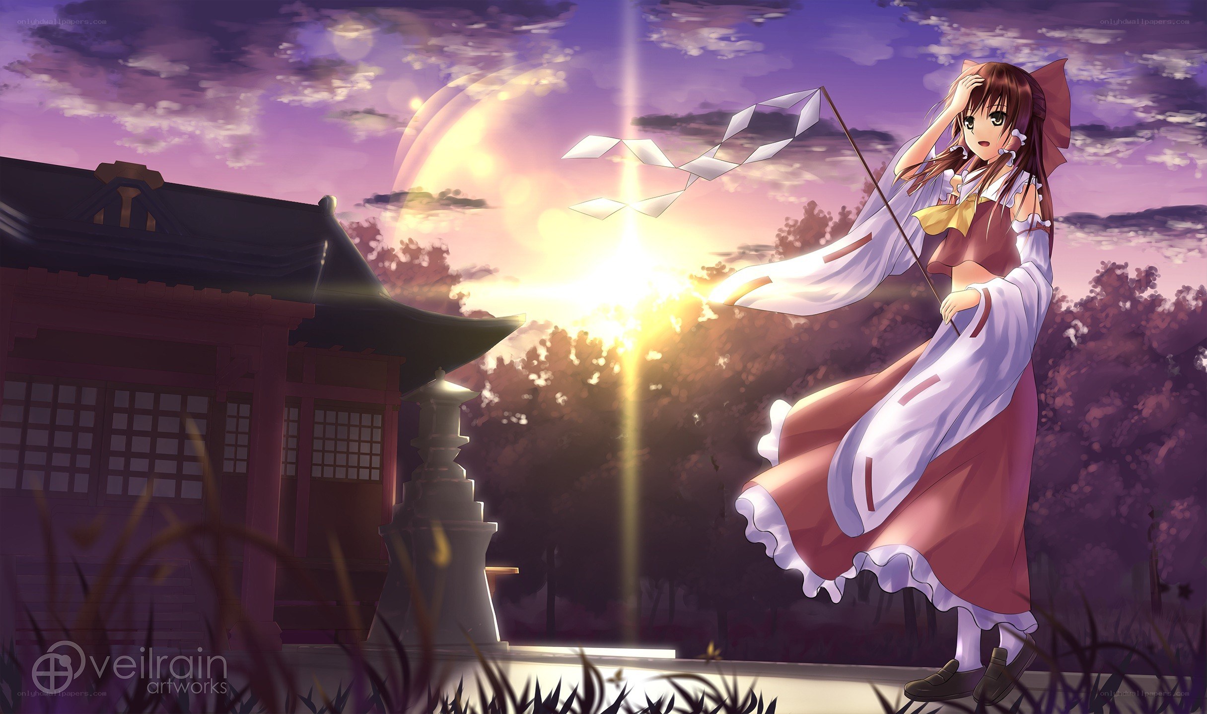 Anime girl with kite at sunset