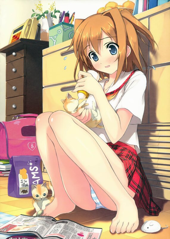 Anime girl with kittens