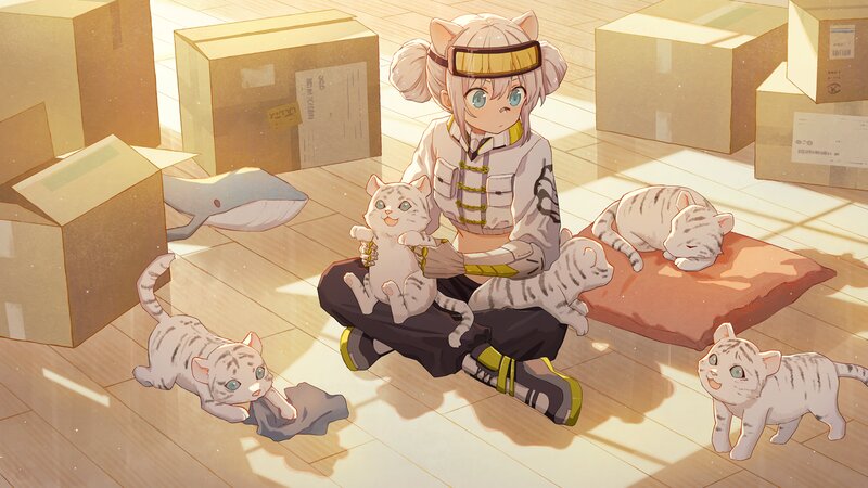 Anime Girl with Kittens — White