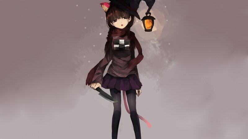 anime girl with knife and lantern