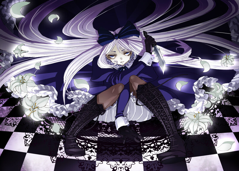 Anime girl with knife and lilies
