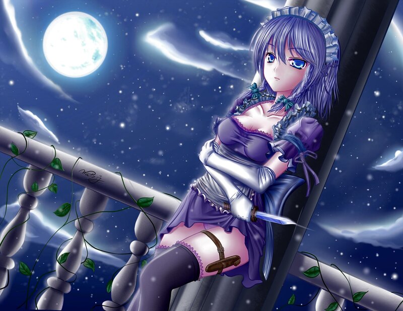 Anime girl with knife at night