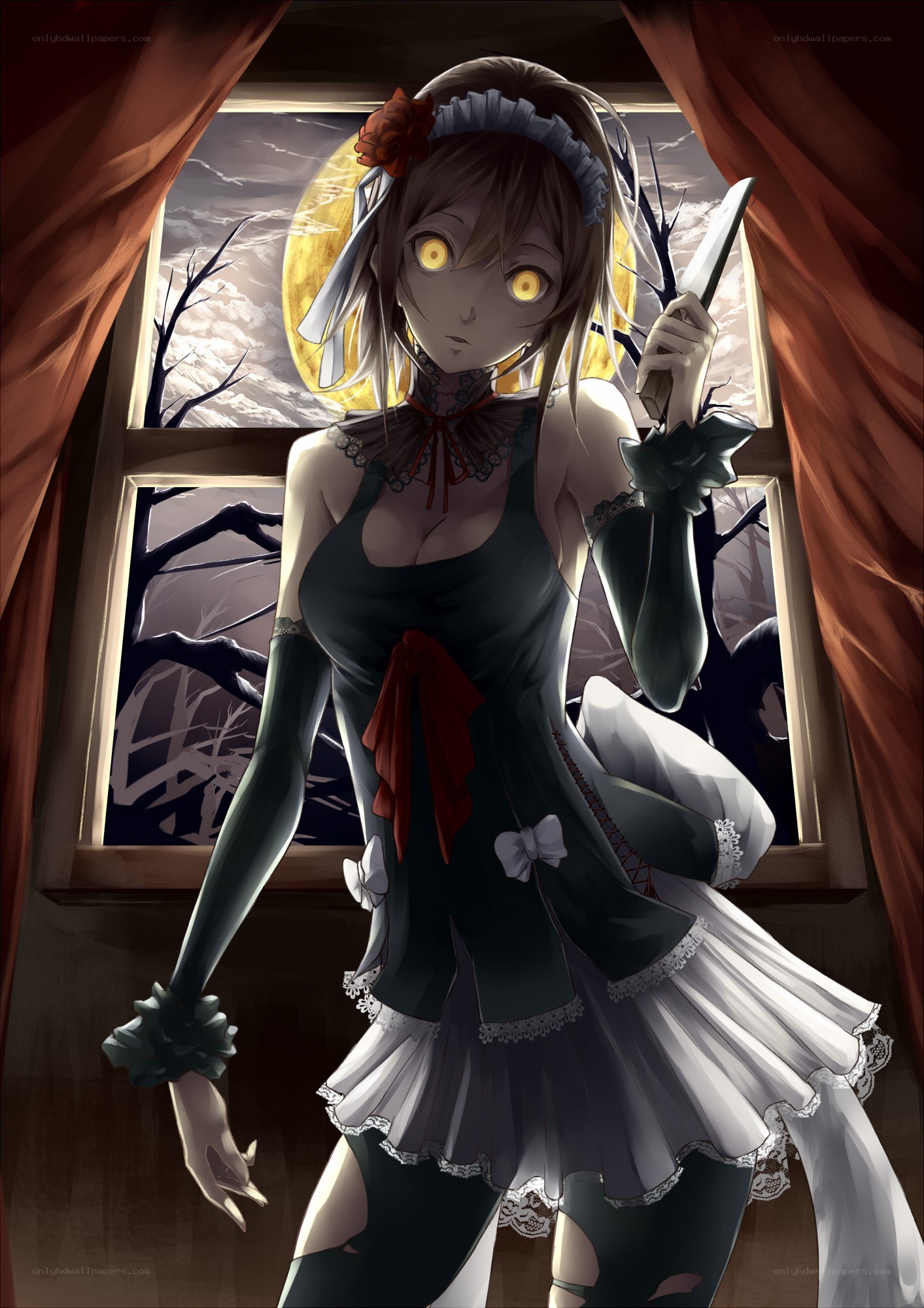 anime girl with knife at window