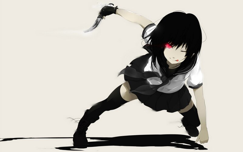 Anime Girl with Knife — Black, Aggressive, School Uniform, Red Eyes