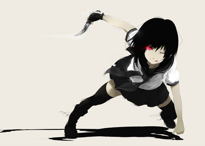 Anime Girl with Knife — Black, Aggressive, School Uniform