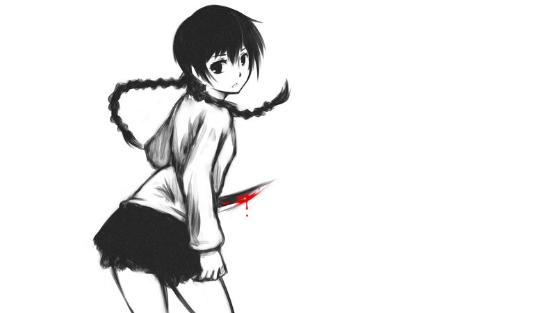 Anime Girl with Knife — Black, Dramatic, Digital Art, Blood