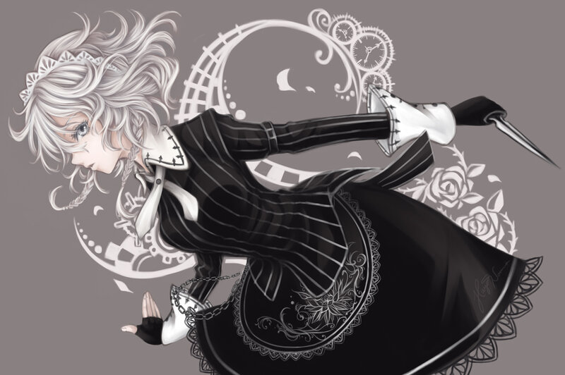 Anime Girl with Knife — Black, Dramatic, Digital Art, Clocks