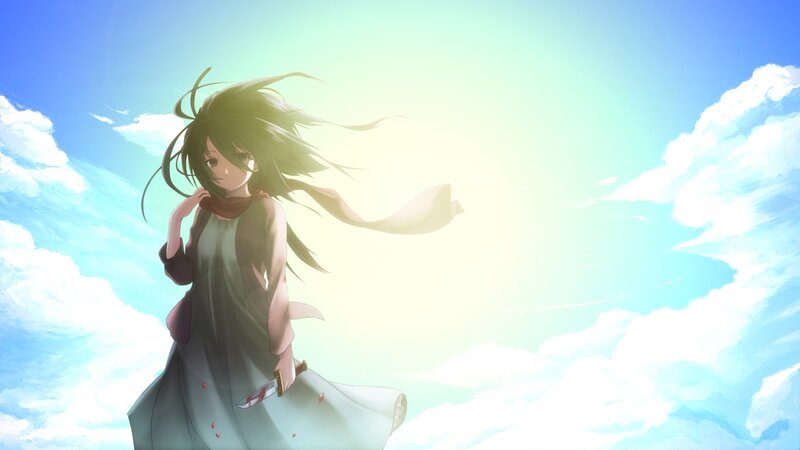 Anime Girl with Knife — Blue, Dramatic, Afternoon, Clouds