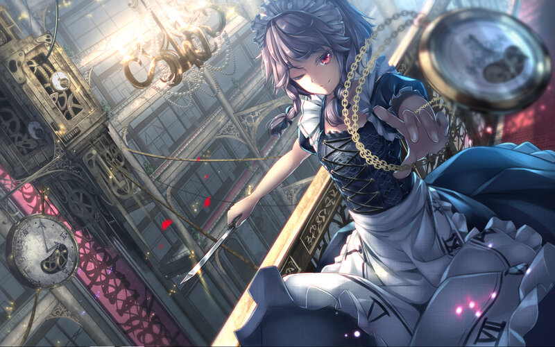 Anime Girl with Knife — Blue, Dramatic, Digital Art, Clocks, Chains
