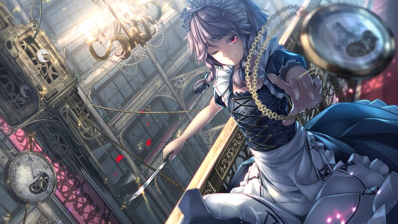 Anime Girl with Knife — Blue, Dramatic, Digital Art, Clocks, Chandelier