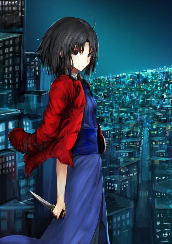 Anime Girl with Knife — Blue, Dramatic, Night, Digital Art