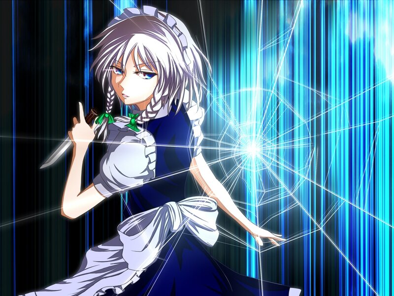 Anime Girl with Knife — Blue, Dramatic, Spiderweb