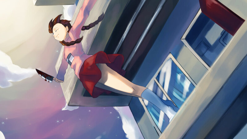 anime girl with knife falling