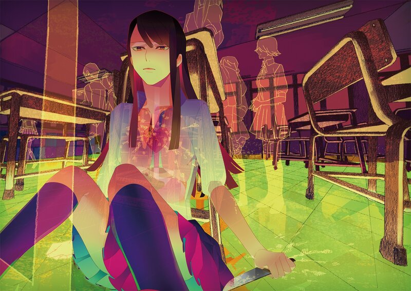 Anime girl with knife in classroom