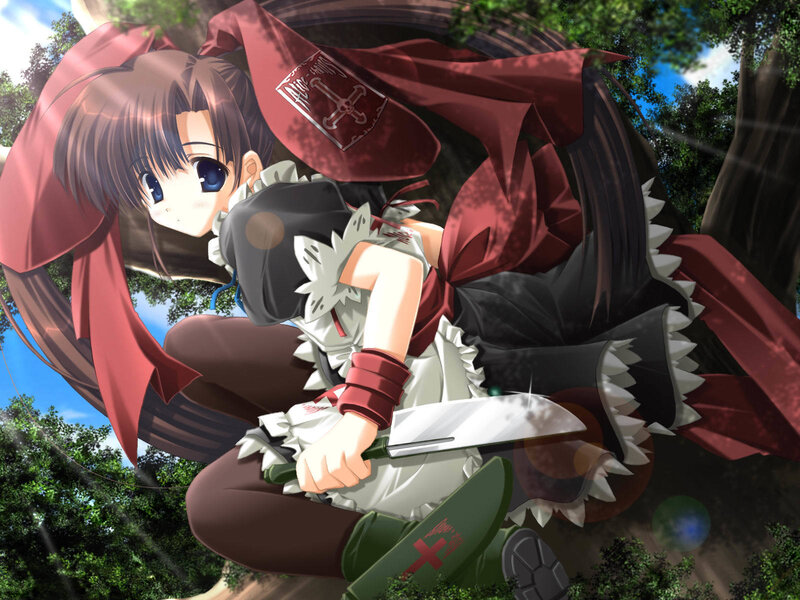 anime girl with knife in forest
