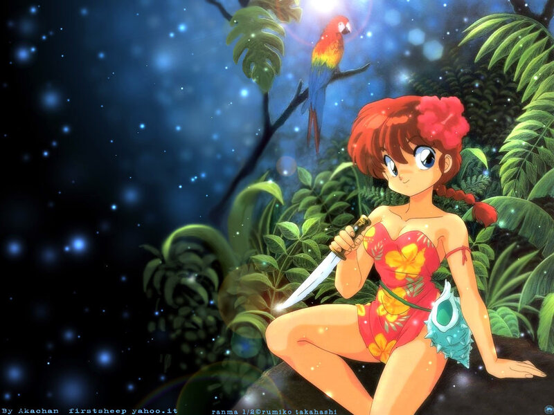 Anime girl with knife in jungle
