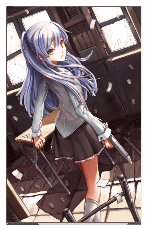 anime girl with knife in ruined room