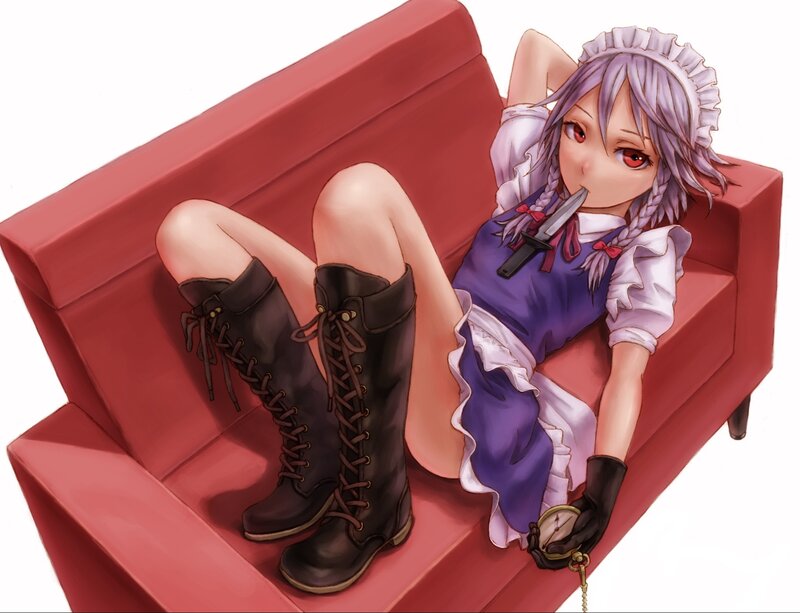 anime girl with knife on couch