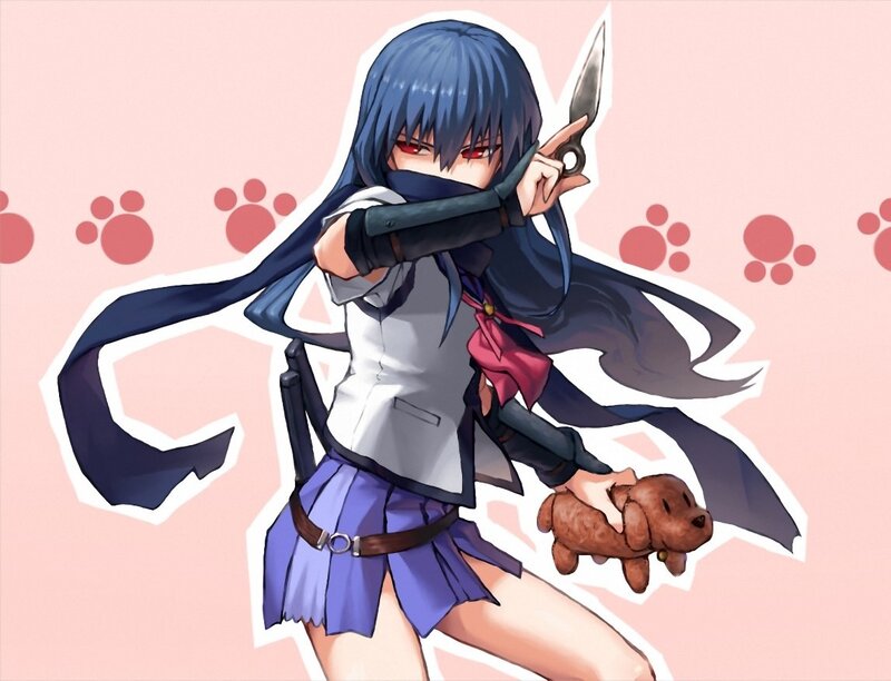 Anime Girl with Knife — Pink, Dramatic, Stuffed Dog