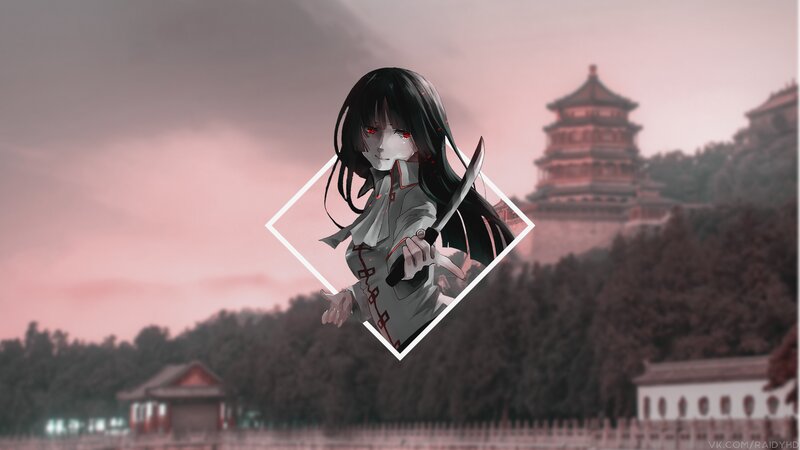 Anime Girl with Knife — Pink, Dramatic, Sunset