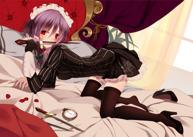 Anime Girl with Knife — Purple, Dramatic, Bed