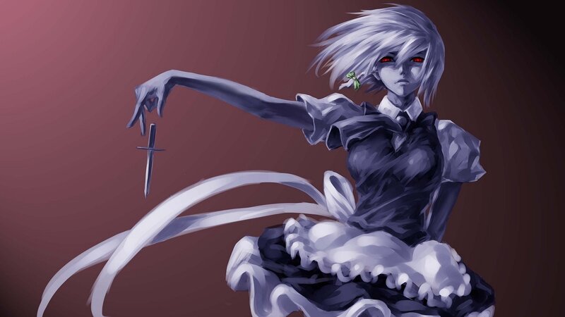Anime Girl with Knife — Purple, Dramatic, Digital Art, Red Eyes