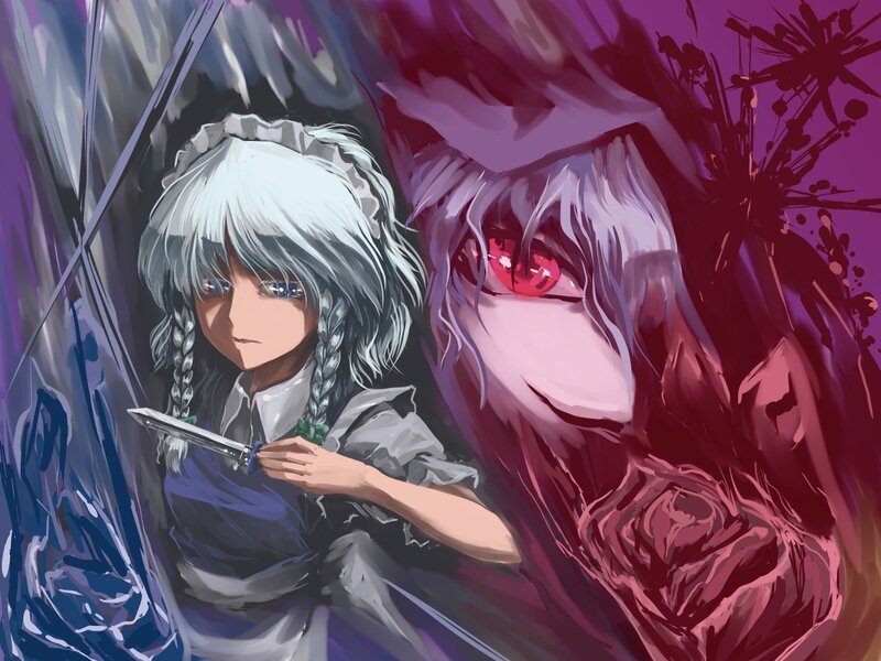 Anime Girl with Knife — Purple, Dramatic, Digital Art