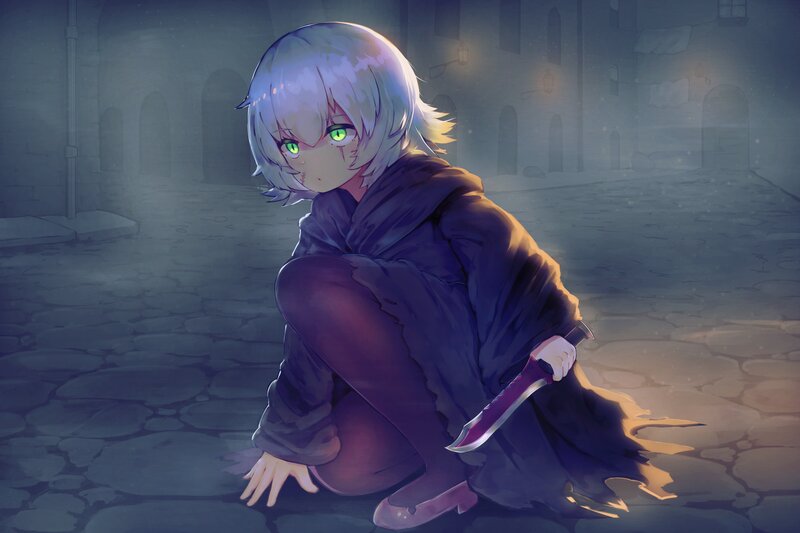Anime Girl with Knife — Purple, Dramatic, Night, Digital Art