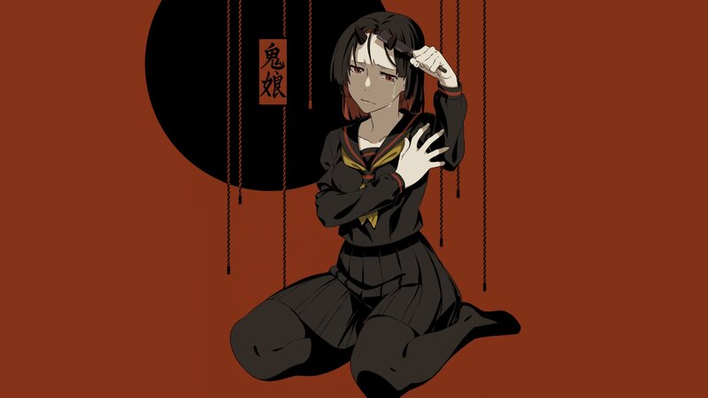 Anime Girl with Knife — Red, Dramatic, School Uniform