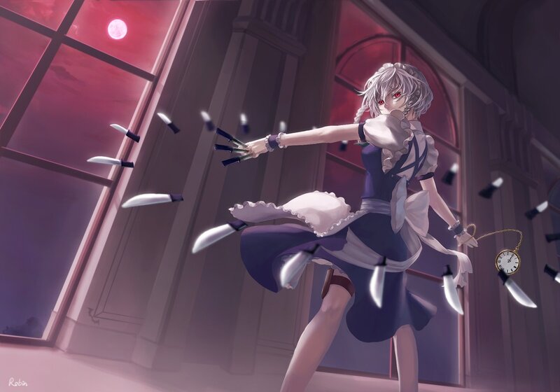 Anime girl with knives and clock
