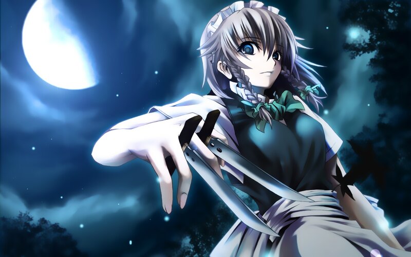 anime girl with knives at night