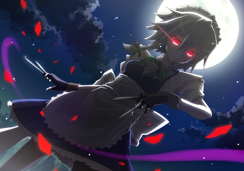 Anime Girl with Knives — Blue, Dramatic, Night, Moon