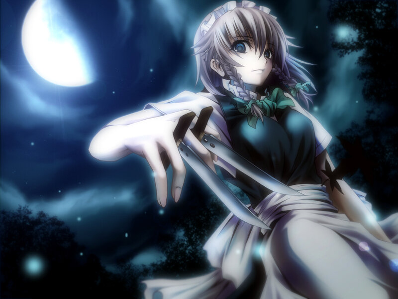 Anime Girl with Knives — Blue, Dramatic, Night, Moon, Trees, Knife