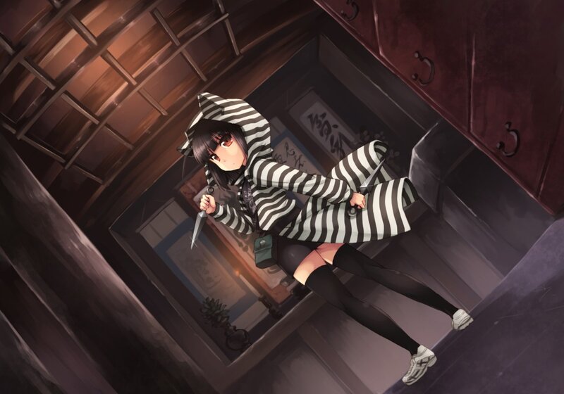anime girl with knives in basement