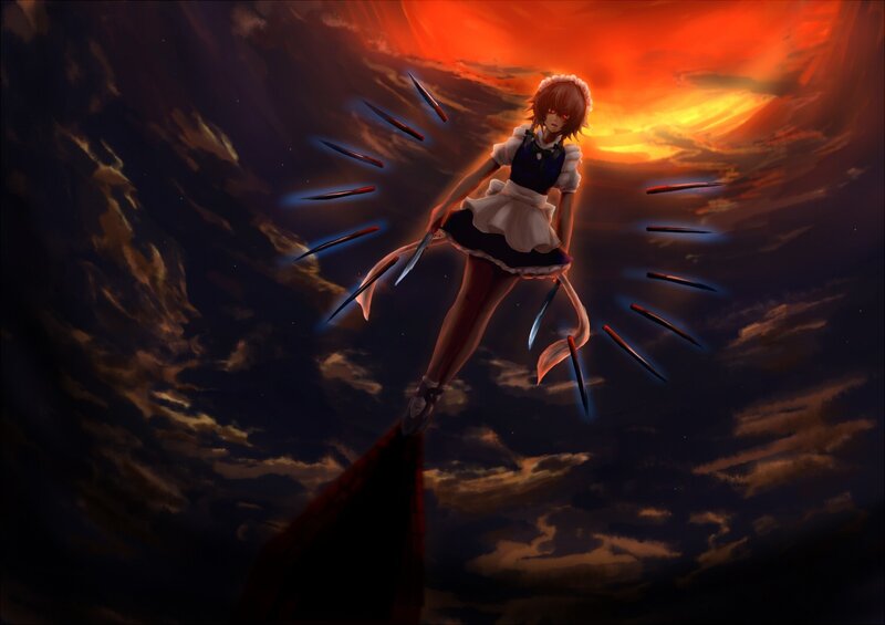 anime girl with knives in sky