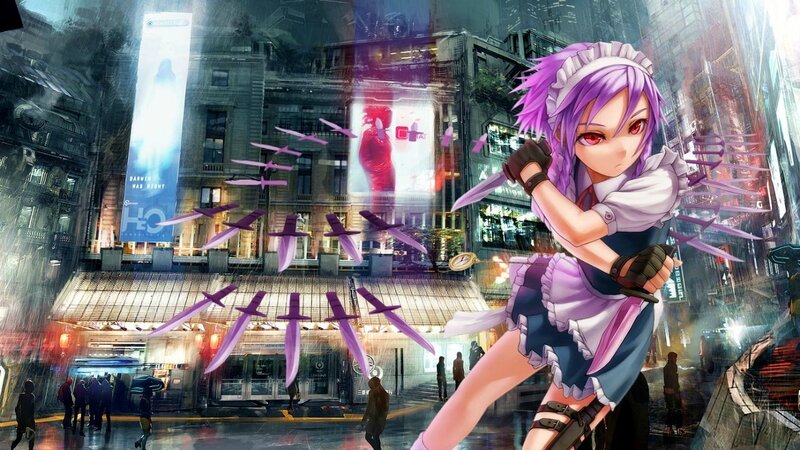 Anime Girl with Knives — Purple, Dramatic, Night, Digital Art