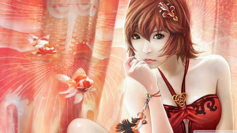 Anime girl with koi fish