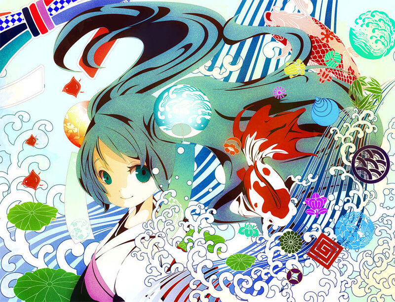Anime girl with koi fish and waves