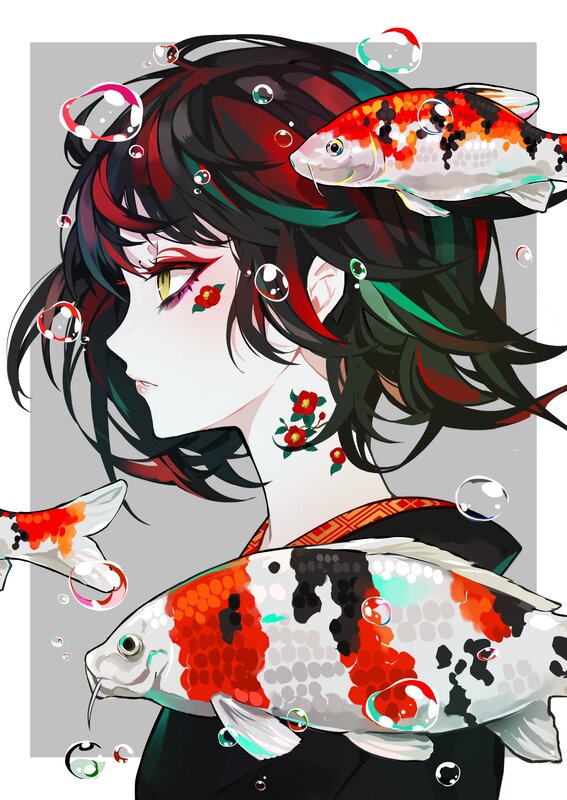 Anime Girl with Koi Fish — Black