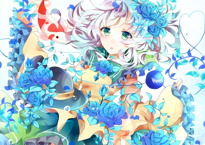 Anime Girl with Koi Fish — Blue, Serene, Digital Art, Koi Fish
