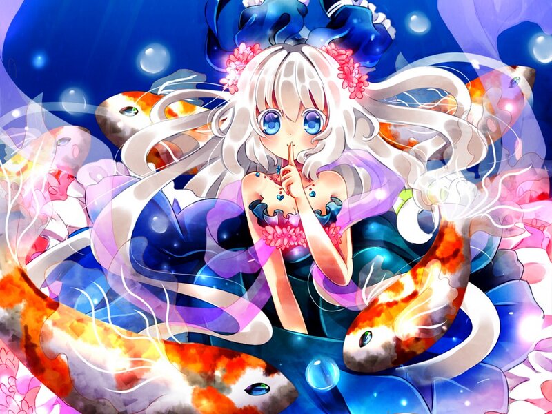 Anime Girl with Koi Fish — Blue, Serene